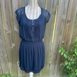 Hollister chiffon lined short sleeve midi dress navy blue boho large peasant